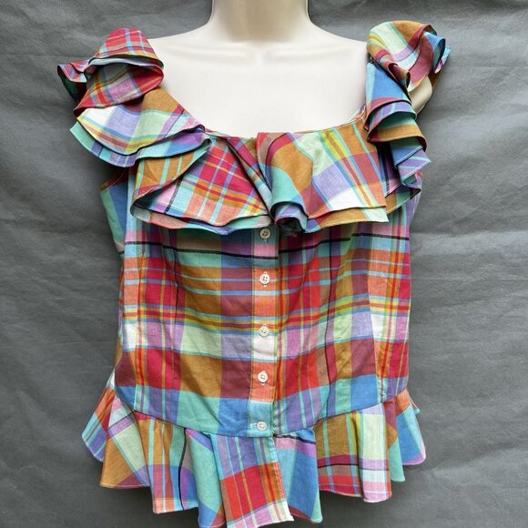 Lauren Ralph Lauren Multicolored Plaid Ruffled Button Front Shirt Blouse Size 8 - Picture 1 of 7